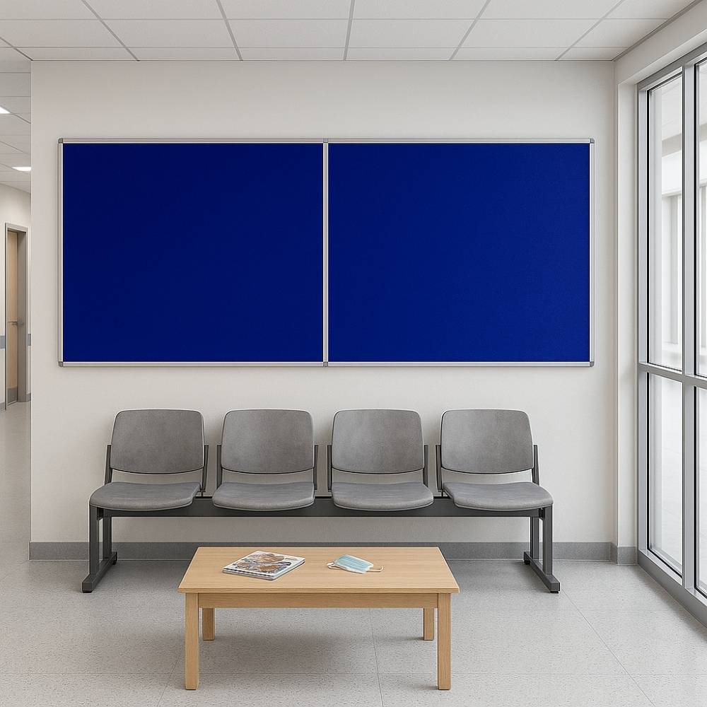 Blue lockable noticeboard with aluminium frame mounted on a white wall in a modern waiting room, above a row of grey chairs and a wooden coffee table.