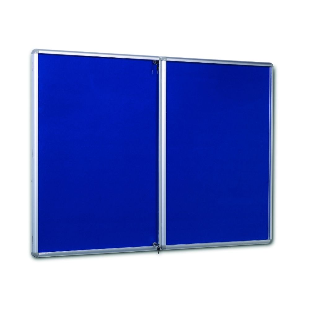 Blue lockable noticeboard with silver aluminium frame, featuring two doors and a clean design for indoor wall mounting.