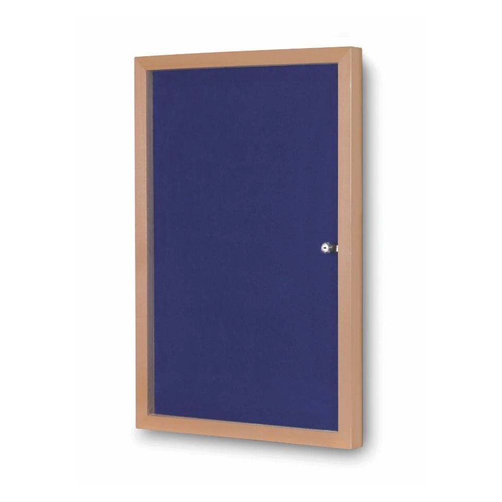Blue lockable noticeboard featuring a secure clear cover and beech-effect wooden frame, designed for indoor use in offices, schools, or public buildings.