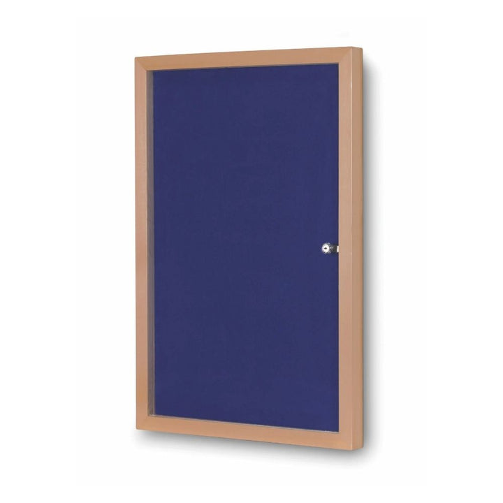 Blue lockable noticeboard featuring a secure clear cover and beech-effect wooden frame, designed for indoor use in offices, schools, or public buildings.