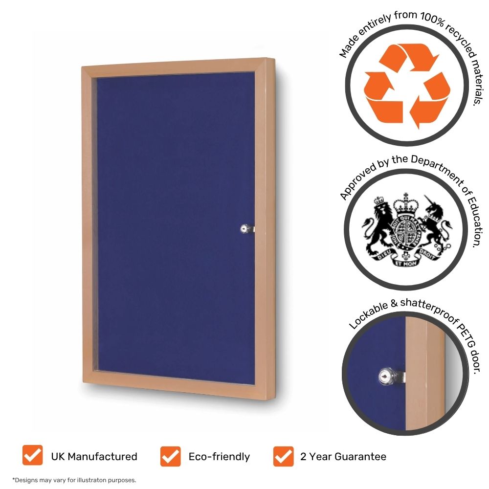 Blue lockable noticeboard featuring a wood-effect frame and durable shatterproof PETG door, made from 100% recycled materials, UK-manufactured and Department for Education approved for safe indoor use.
