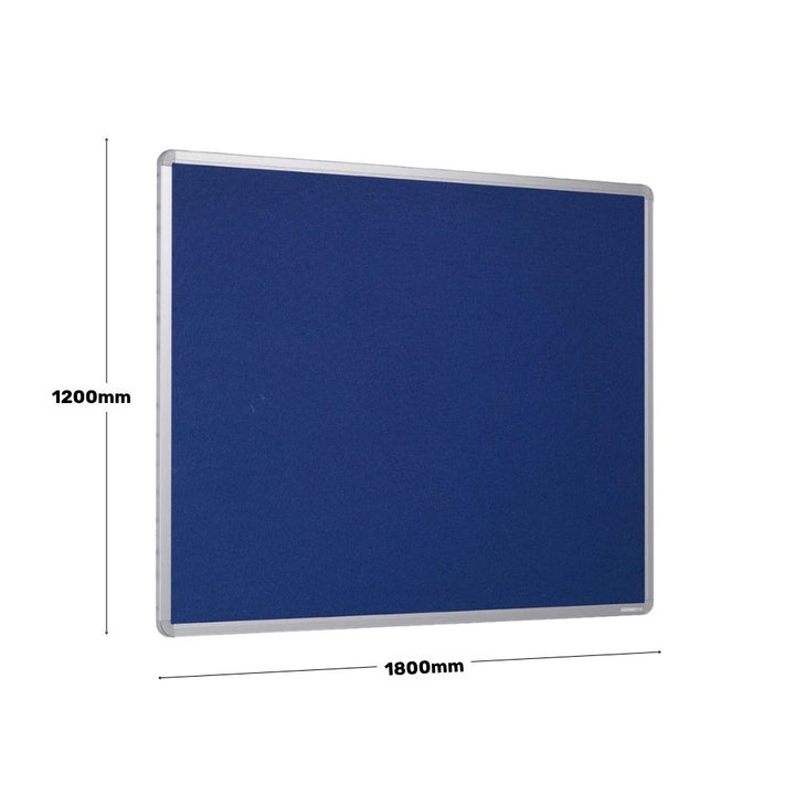 Large blue noticeboard measuring 1200mm by 1800mm with a silver aluminium frame, suitable for wall mounting in schools, offices, or public buildings.