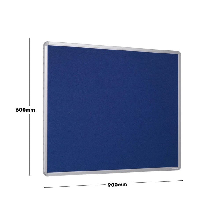 Compact blue noticeboard measuring 600mm by 900mm with a silver aluminium frame, ideal for classroom or office wall display.