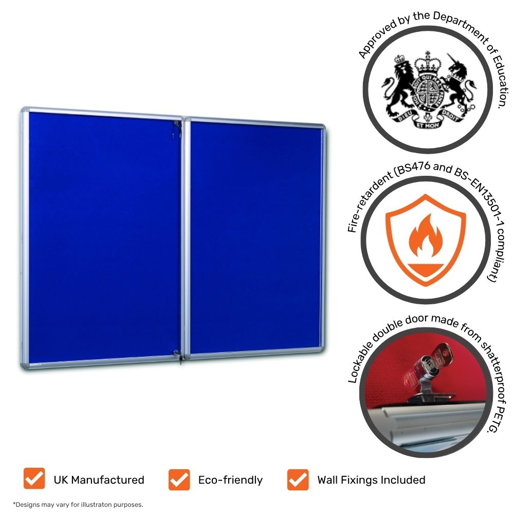 Blue noticeboard with lockable double doors, shown with fire-retardant certification and Department for Education approval, alongside eco-friendly and wall fixings icons.

