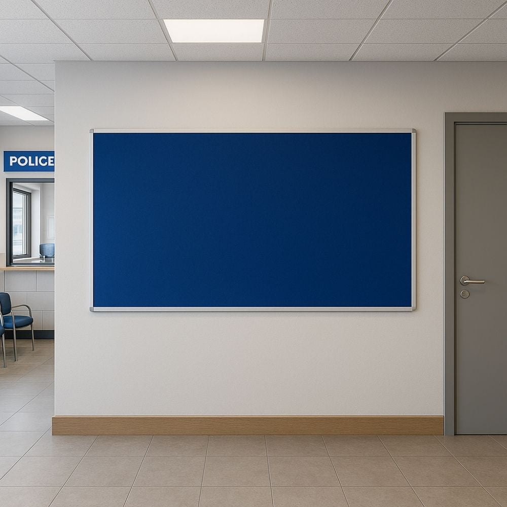 Blue noticeboard with aluminium frame mounted on a white wall in a police station reception area, next to a grey door and visible waiting room with chairs and service window.