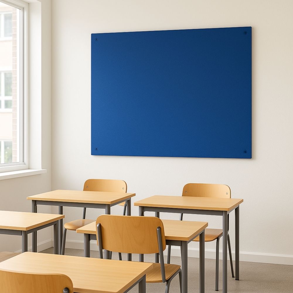 Bright blue fabric noticeboard attached to a cream wall in a well-lit secondary school classroom with natural wood desks and chairs arranged in rows.