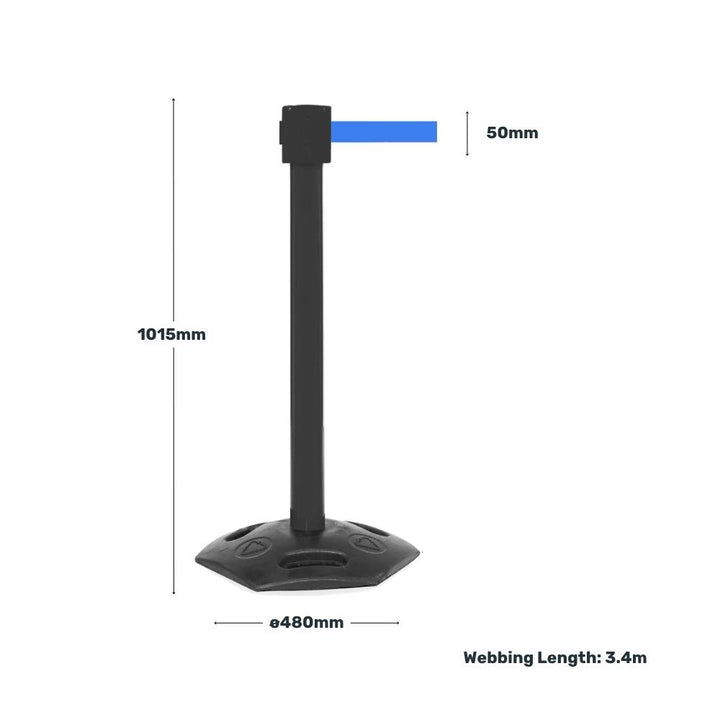 Black barrier post with blue retractable belt, displayed with measurements of height, base diameter, and webbing length.