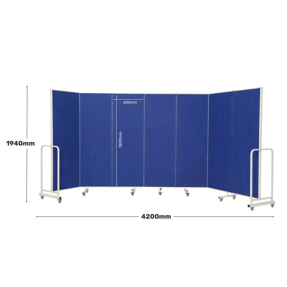 Blue six-panel room divider with size annotations showing 1800mm panel height, 600mm panel width, and total dimensions of 1940mm high by 3000mm wide, with castor wheels and white frame.