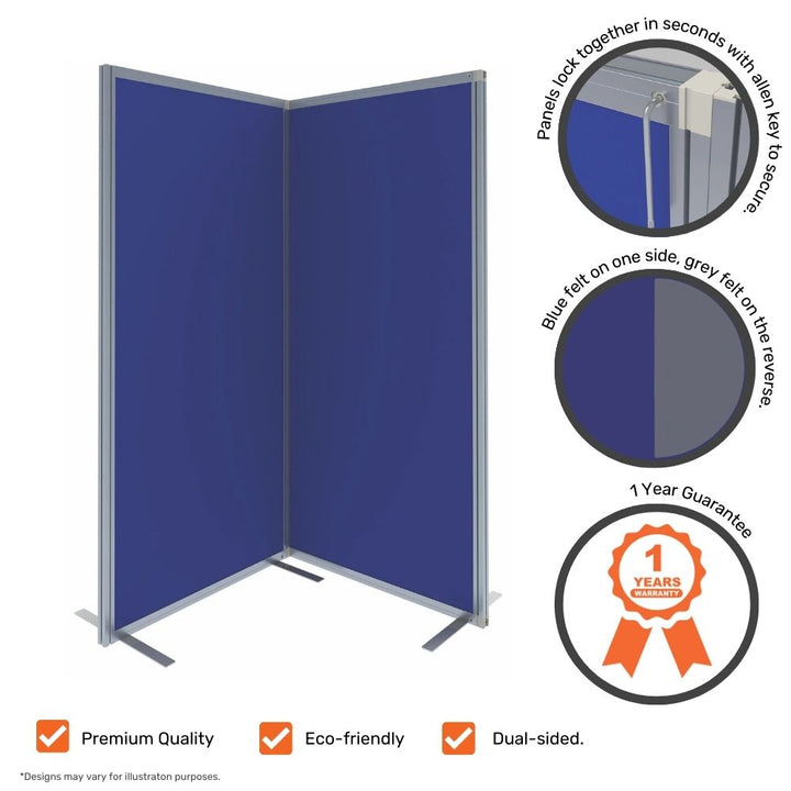 Blue felt room divider with close-ups highlighting lockable panel connection, dual-sided felt design with blue and grey, and a one-year warranty badge, along with eco-friendly and premium quality icons.

