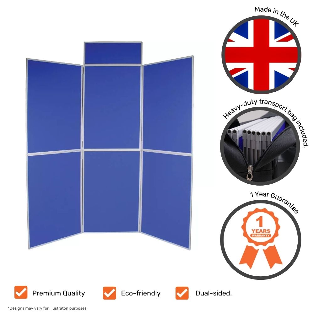 Blue six-panel exhibition display board with icons showing UK-made quality, eco-friendly materials, dual-sided use, and transport bag included.

