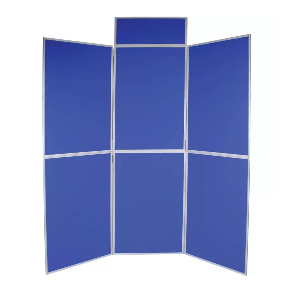 Six-panel blue folding display board with white aluminium frame, ideal for exhibitions and presentations.

