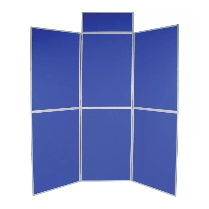 Six-panel blue folding display board with white aluminium frame, ideal for exhibitions and presentations.


