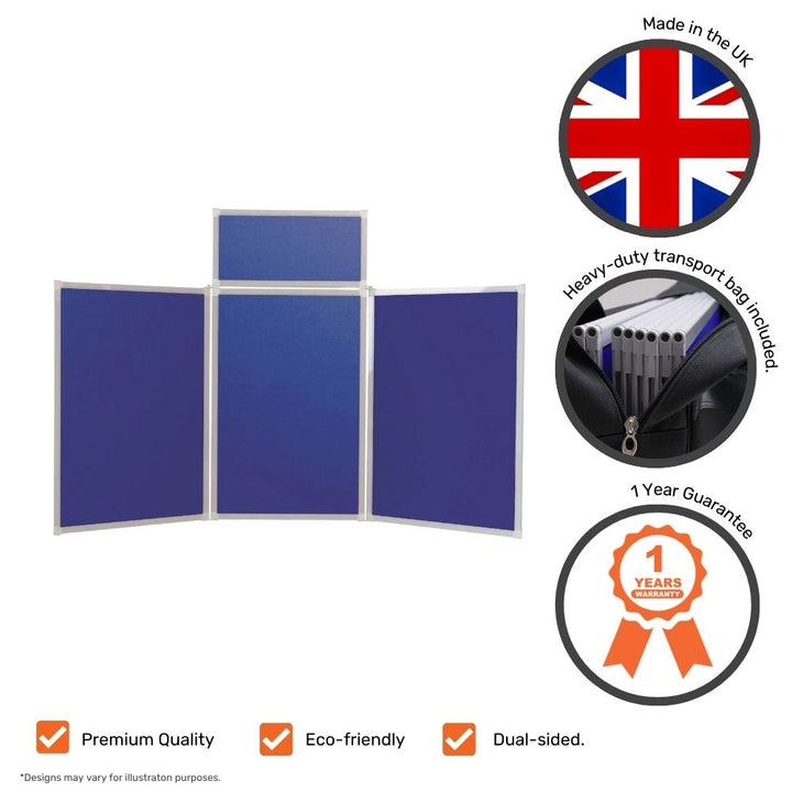 Feature panel for a blue 4-panel tabletop display board: UK-manufactured with a zip carry case included, 1-year guarantee, dual-sided and eco-friendly.

