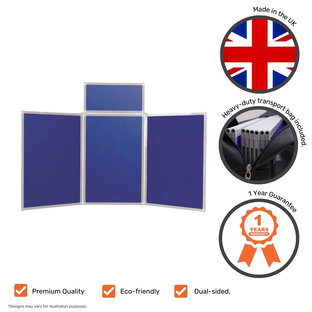 Blue tabletop display board displayed with icons for premium quality, eco-friendly, dual-sided use, a 1-year warranty badge, UK flag, and heavy-duty carry bag close-up.

