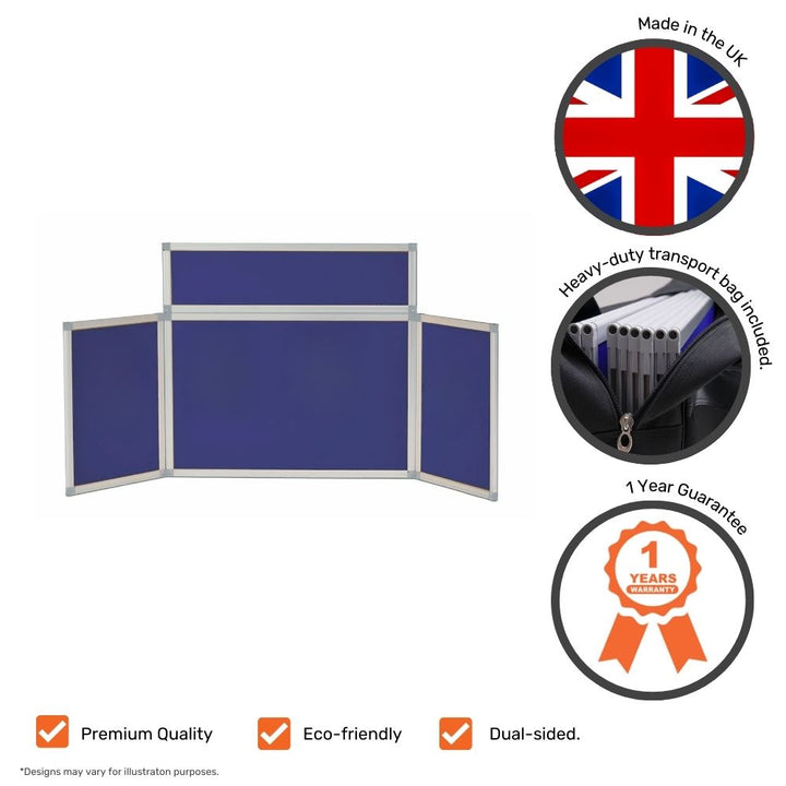 Blue tabletop display board with dual-sided and eco-friendly icons, made in the UK, showing transport bag detail and 1-year warranty badge alongside product image.

