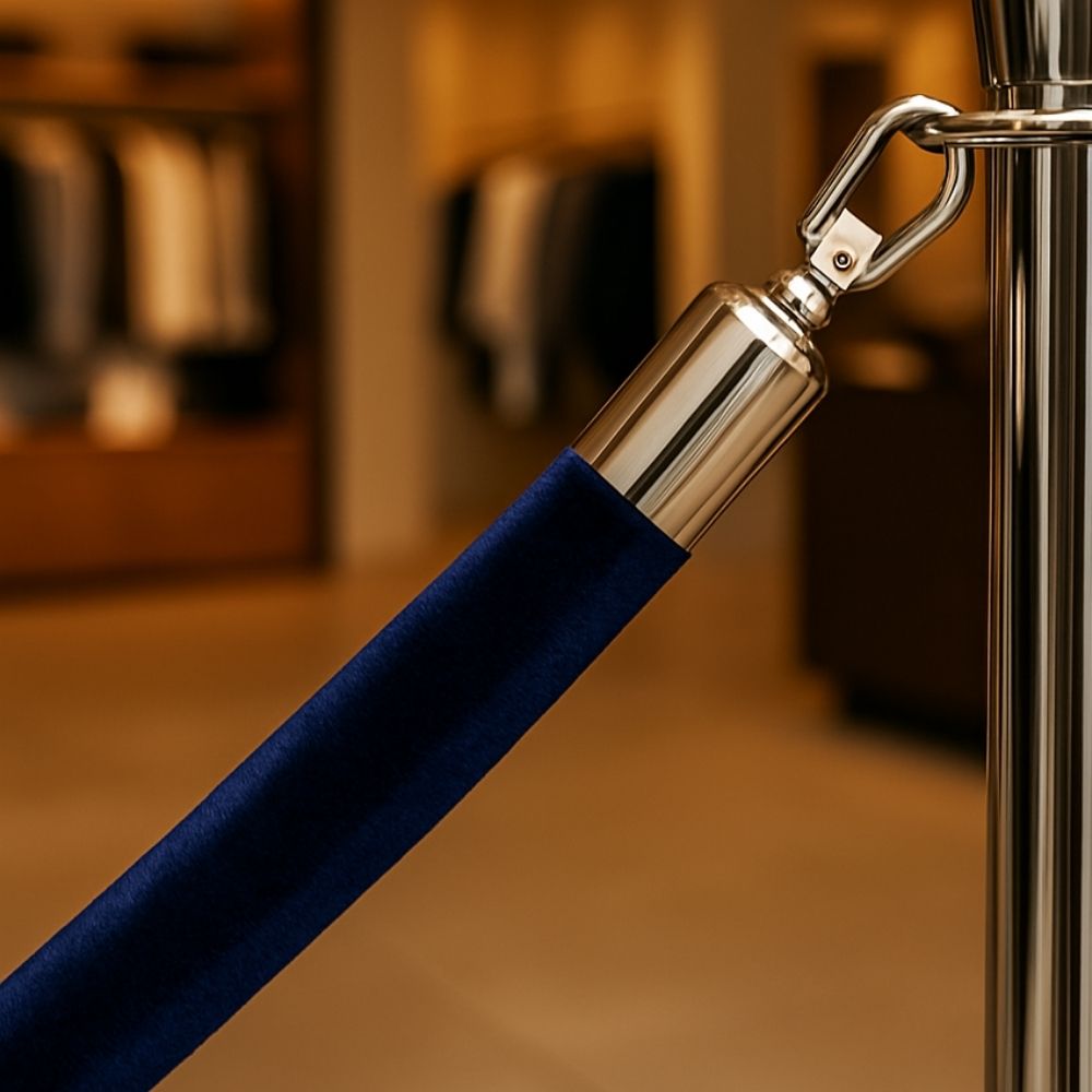 Close-up of a blue velvet barrier rope with chrome snap clip, securely connected to a polished chrome stanchion in a retail setting.