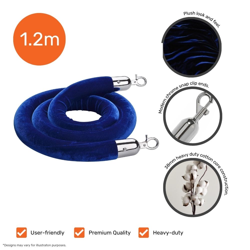 Blue velvet rope with chrome clip ends, 1.2m length, premium cotton core, and heavy-duty construction for event crowd management.