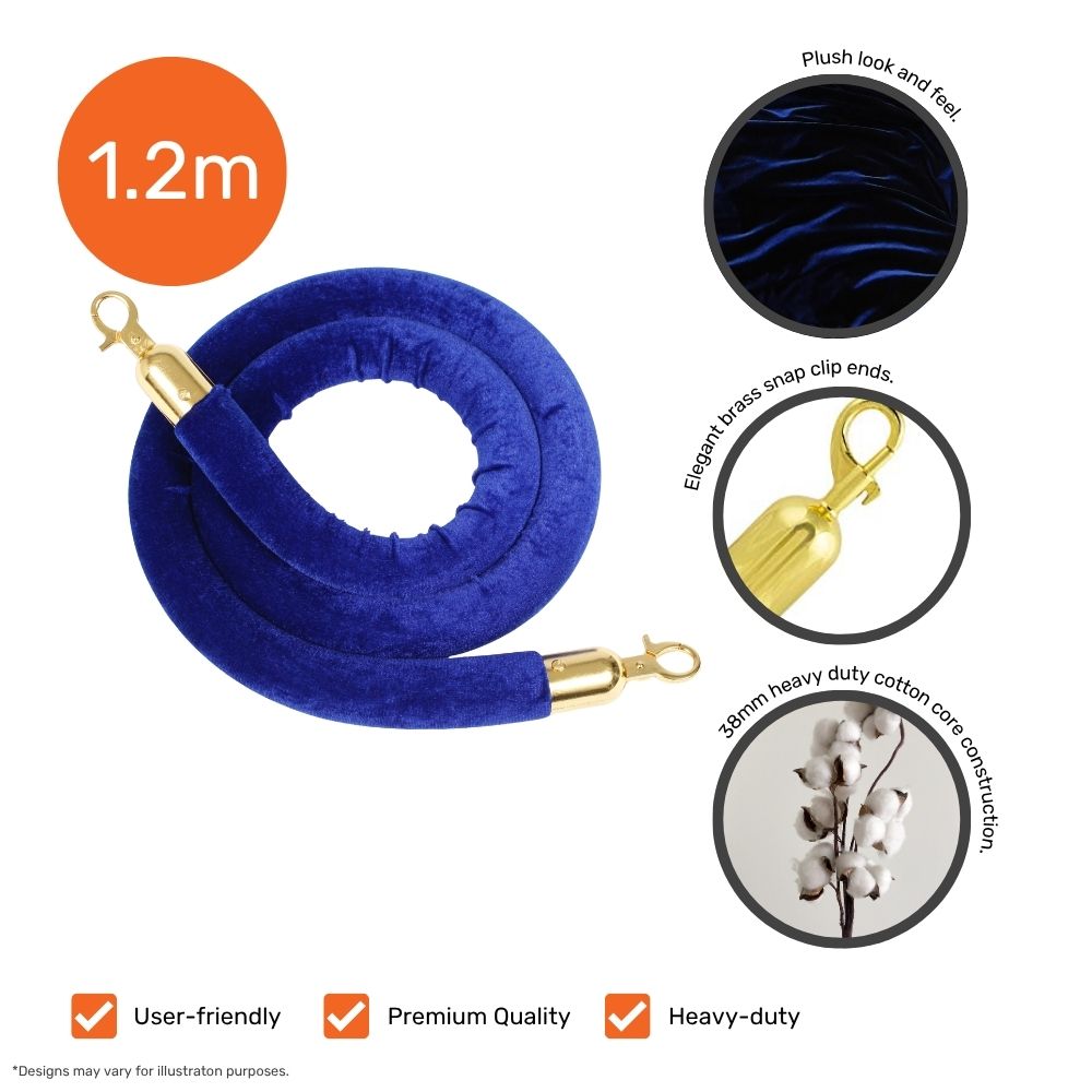 Blue velvet barrier rope with gold snap clip ends, featuring 1.2m length, premium cotton core, and heavy-duty design for crowd control.