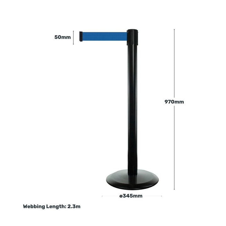Size diagram of a black barrier post with blue webbing, showing 970mm post height, 345mm base diameter, 50mm webbing width, and a total webbing length of 2.3 metres.