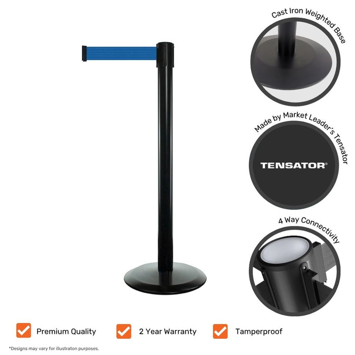 blue-webbing-barrier-post-with-feature-icons-and-brand-highlights

