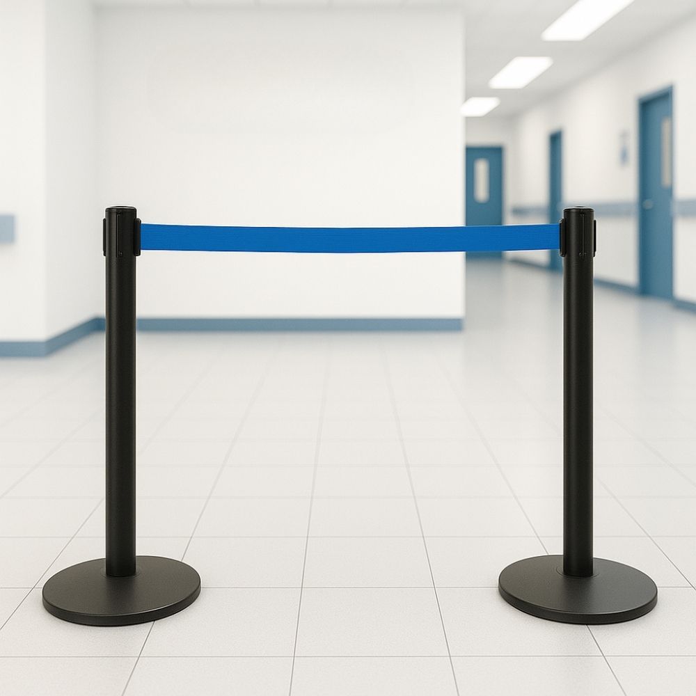 Two black barrier posts with extended blue retractable webbing placed in a bright hospital corridor, helping to control pedestrian flow in a clinical setting.

