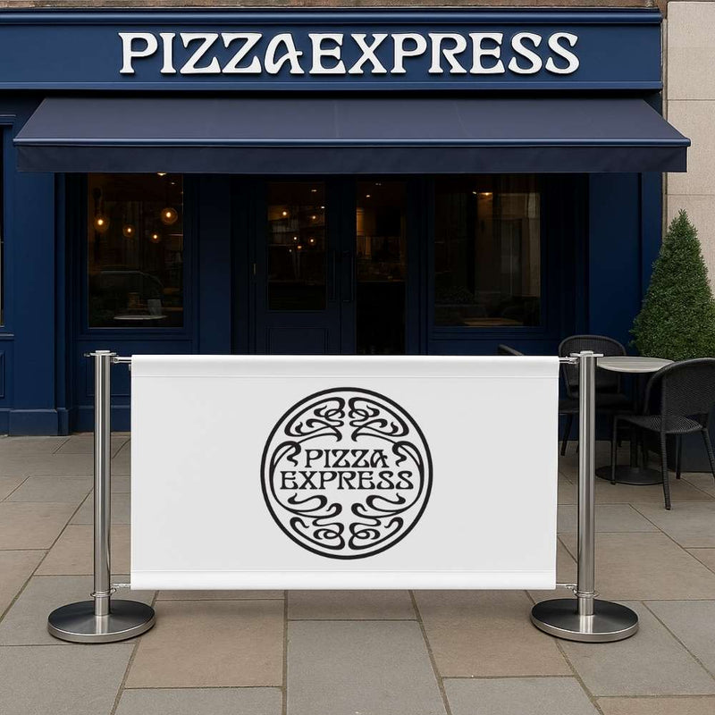 Outdoor branded café barrier system with Pizza Express logo in front of restaurant—ideal for defining dining areas, managing queues, or enhancing curb appeal.