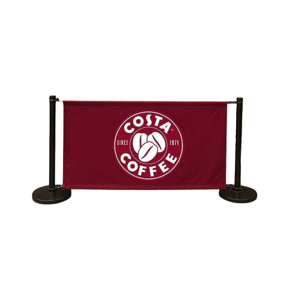 Studio image of a maroon Costa Coffee café barrier with white logo and black chrome stanchions—stylish and durable solution for cordoning off customer dining zones.

