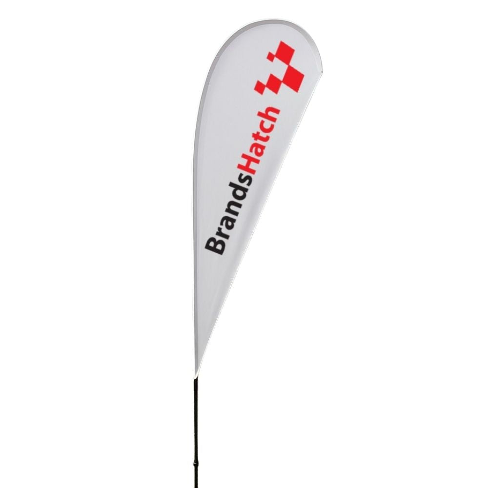 Glass fibre teardrop flag – 3.2 metre single-sided display with ground spike for retail events and promotional signage
