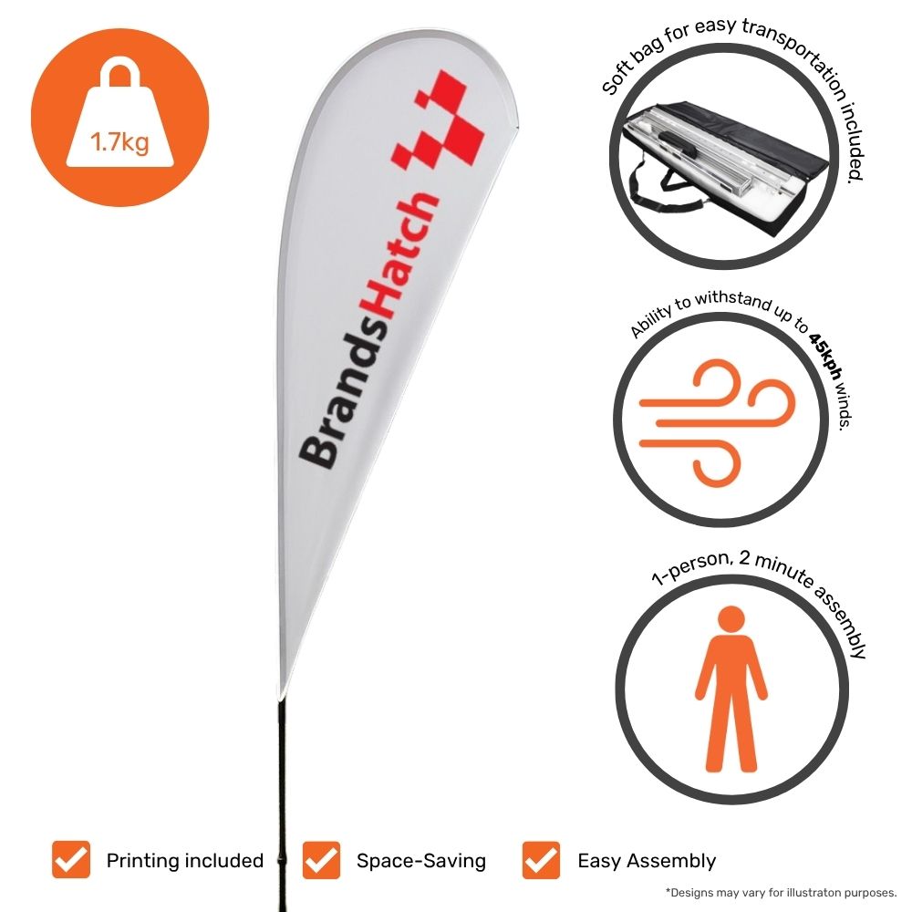 Outdoor teardrop flag – 3.2m printed display with ground spike base for business forecourts, festivals or expos