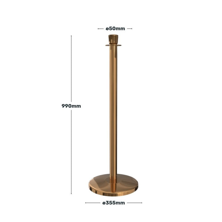 Diagram displaying the height and base dimensions of a gold stanchion post in millimetres.