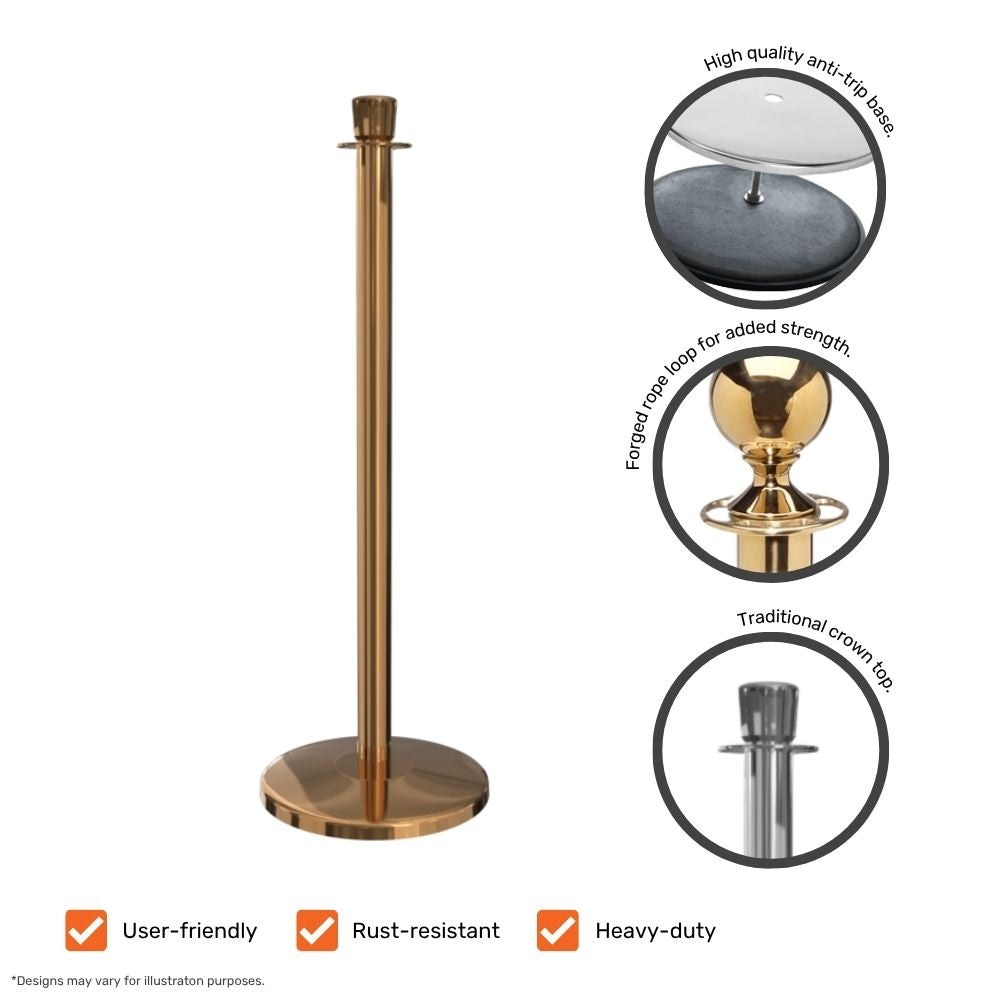 Gold stanchion post showcasing anti-trip base, forged rope loop, and traditional crown top with close-up feature views.