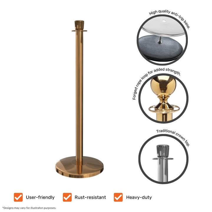 Gold stanchion post showcasing anti-trip base, forged rope loop, and traditional crown top with close-up feature views.