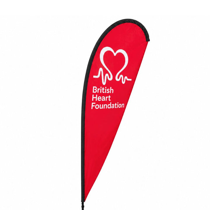 Red British Heart Foundation promotional teardrop banner with heart logo for indoor and outdoor charity event branding.