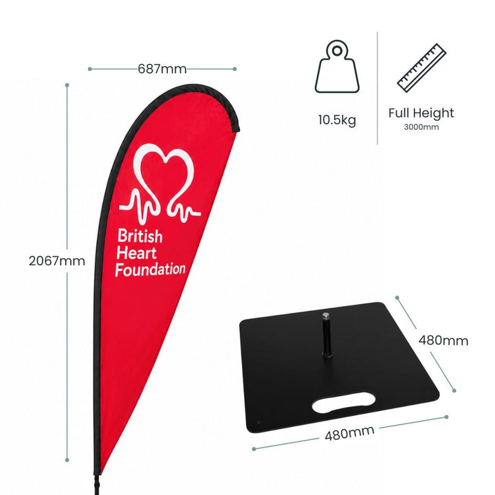 Specification image showing British Heart Foundation teardrop flag dimensions with weighted indoor base and full 3000mm display height.