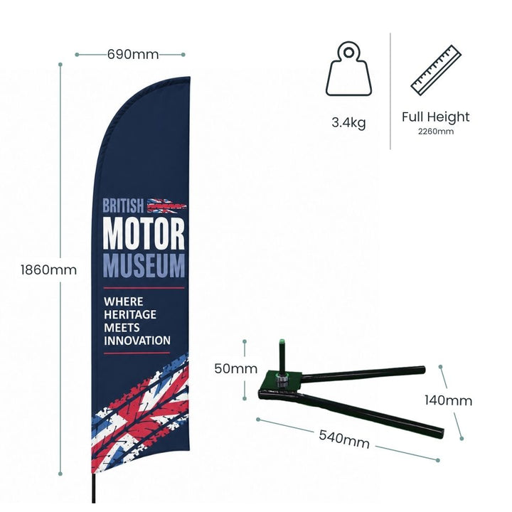 Technical specification image showing British Motor Museum feather flag dimensions with outdoor ground spike base and 2260mm full display height for promotional use.