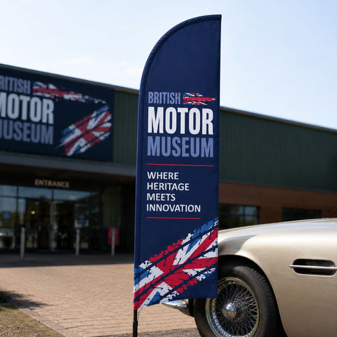 Double-Sided Glass Fibre Feather Flag with Drive-On Car Base inc. Graphic Printing - 2.3m