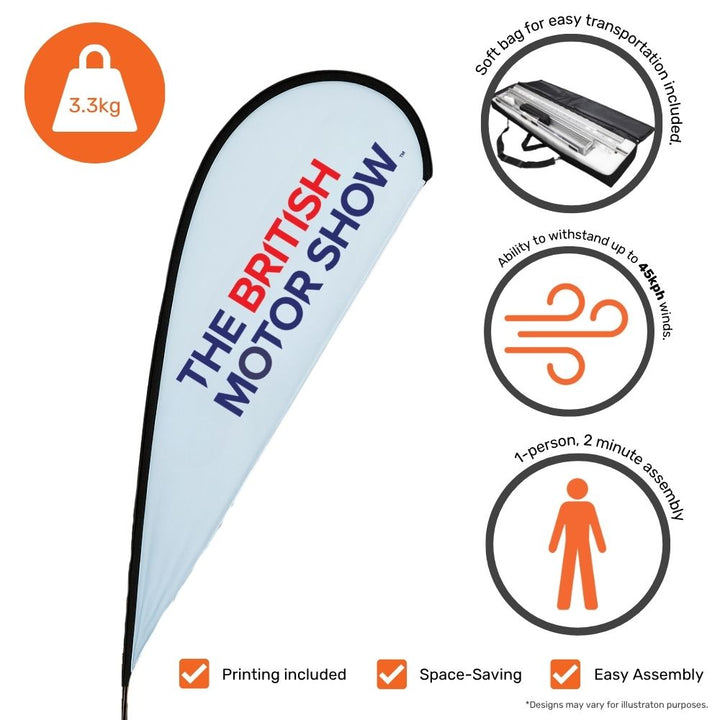 Custom printed 2.3m teardrop flag – car base mount for marketing outside dealerships, trade shows or stores