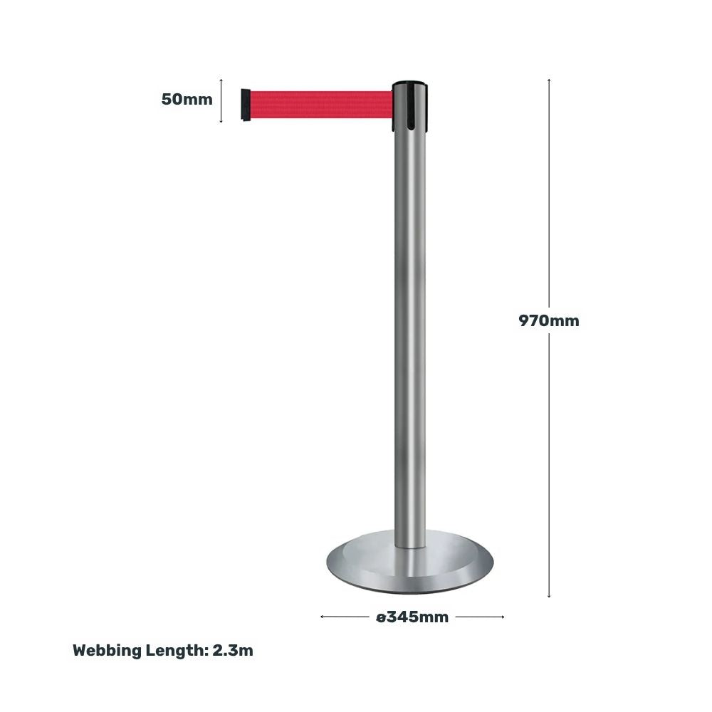 Technical illustration of a brushed steel barrier post with red webbing, specifying a 970mm height, 345mm base diameter, and 2.3 metre webbing length.

