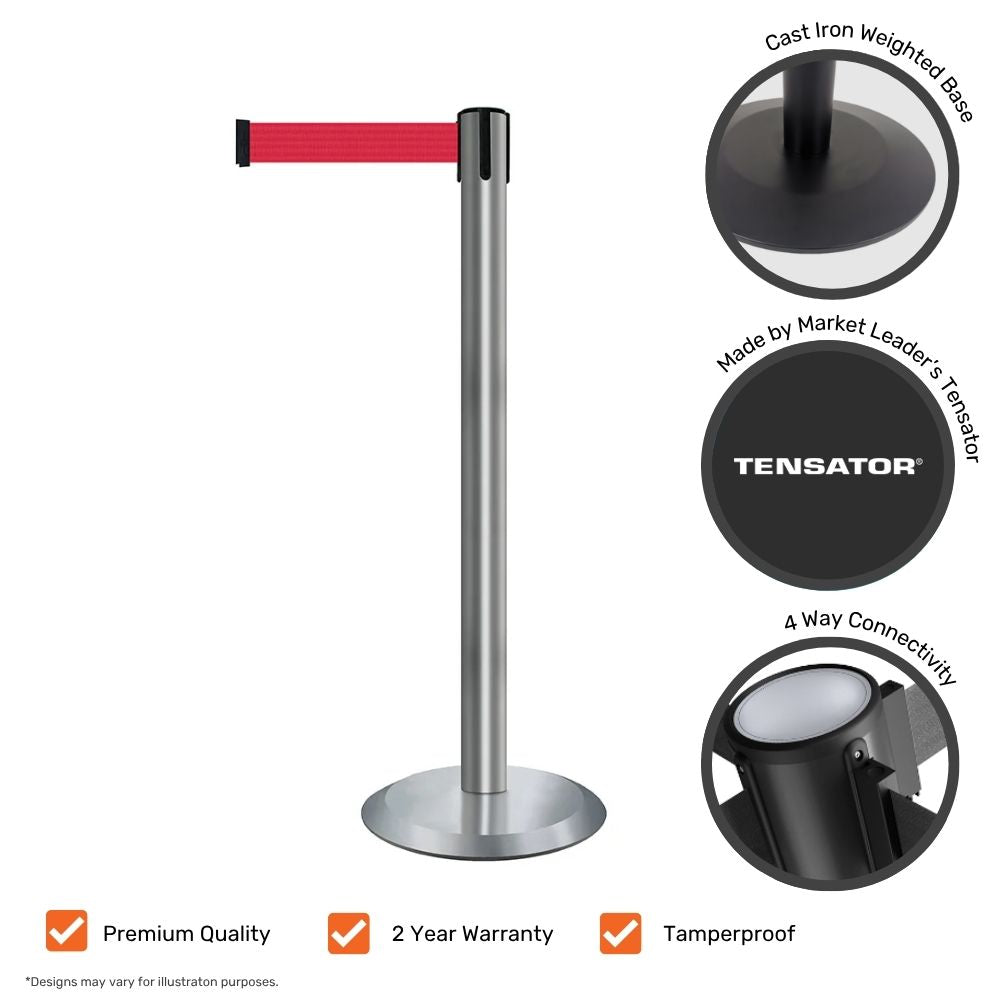 Brushed steel barrier post with red webbing shown with branding and icons highlighting tamperproof design, 4-way connectivity, and premium Tensator build.

