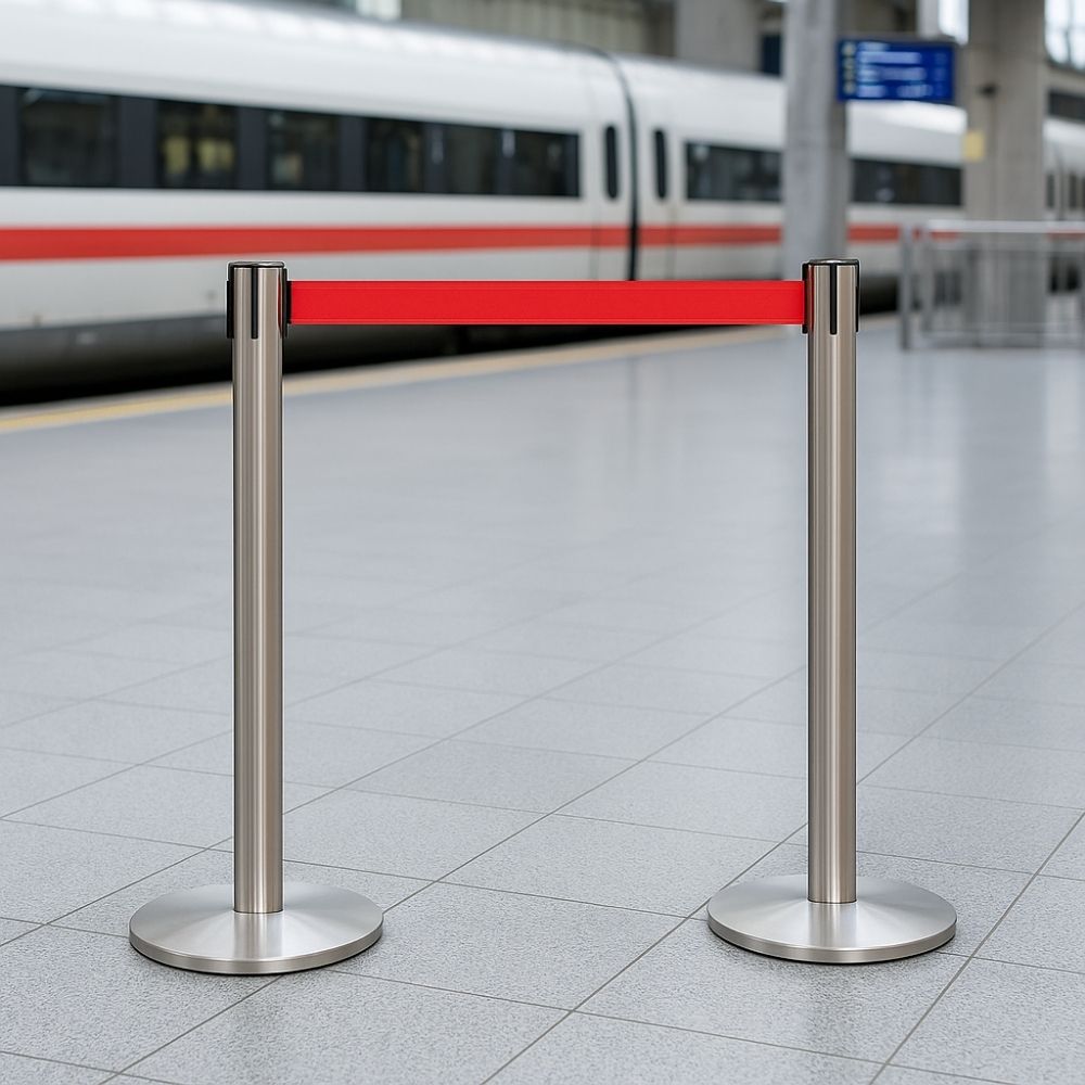 Pair of brushed steel barrier posts with red retractable webbing, positioned on a railway platform with a high-speed train in the background.

