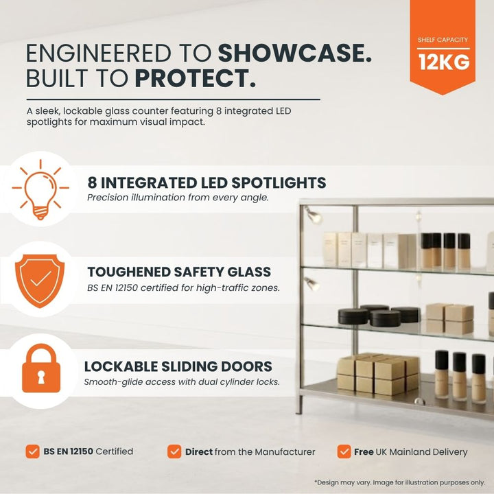 Feature panel: 8 integrated LED spotlights, BS EN 12150 toughened safety glass, lockable sliding doors with dual cylinder locks, 12kg shelf capacity.
