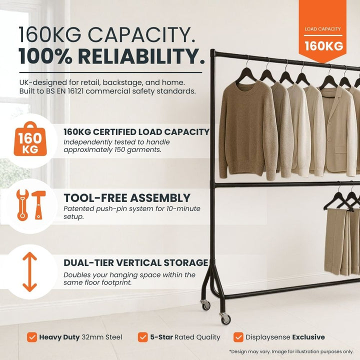 160kg capacity, tool-free patented push-pin assembly in 10 minutes, two-tier storage doubling hanging space, 32mm steel, exclusive, BS EN 16121, UK-designed.
