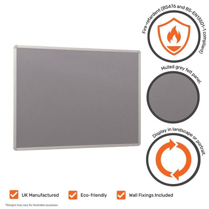 Feature panel: BS 476 and BS EN 13501-1 fire-retardant grey felt, landscape or portrait mounting, eco-friendly, wall fixings included, UK manufactured.
