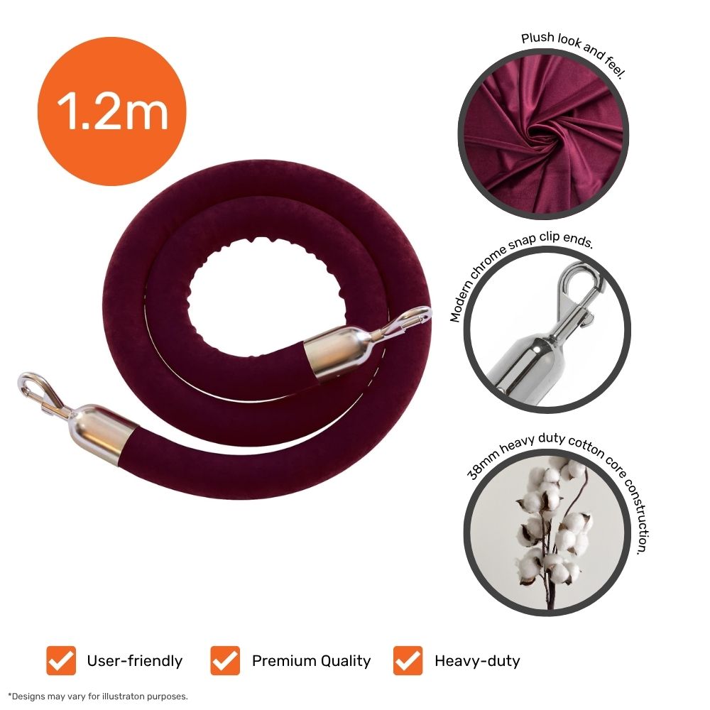 Burgundy velvet barrier rope, 1.2m long with chrome clip ends, heavy-duty cotton core and plush finish for high-end crowd control.