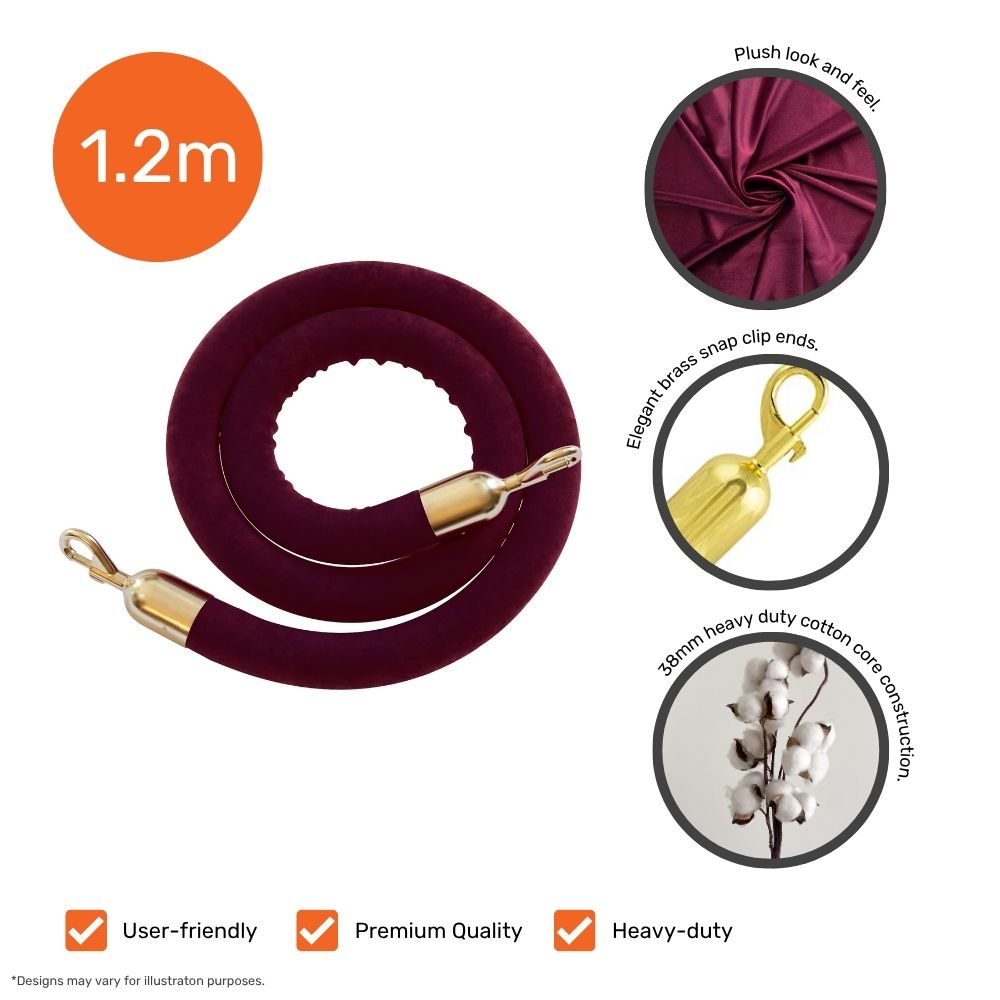 Burgundy velvet barrier rope, 1.2m long with gold clip 