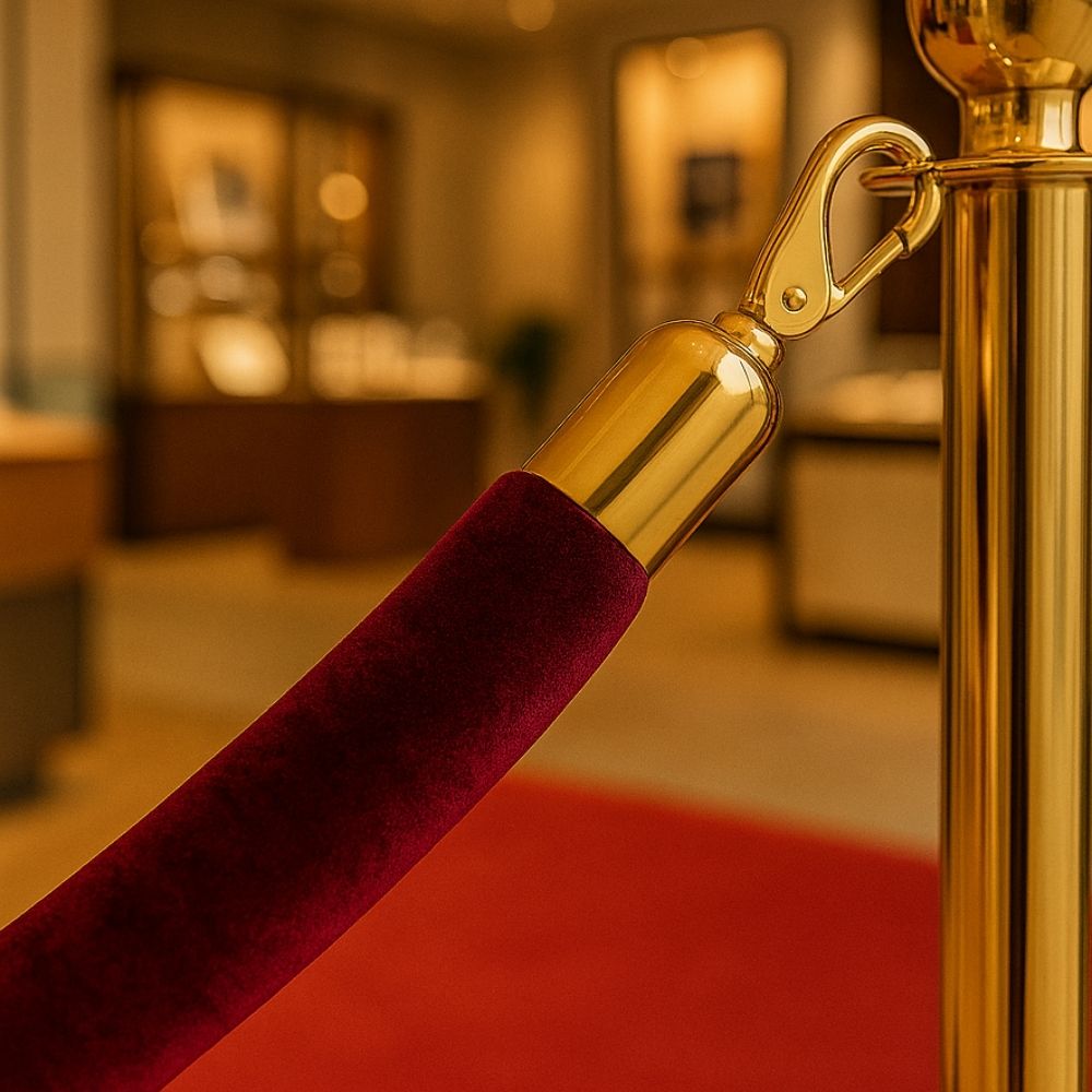 Close-up of a burgundy velvet barrier rope with gold snap hook attached to a polished gold stanchion in a luxury venue.