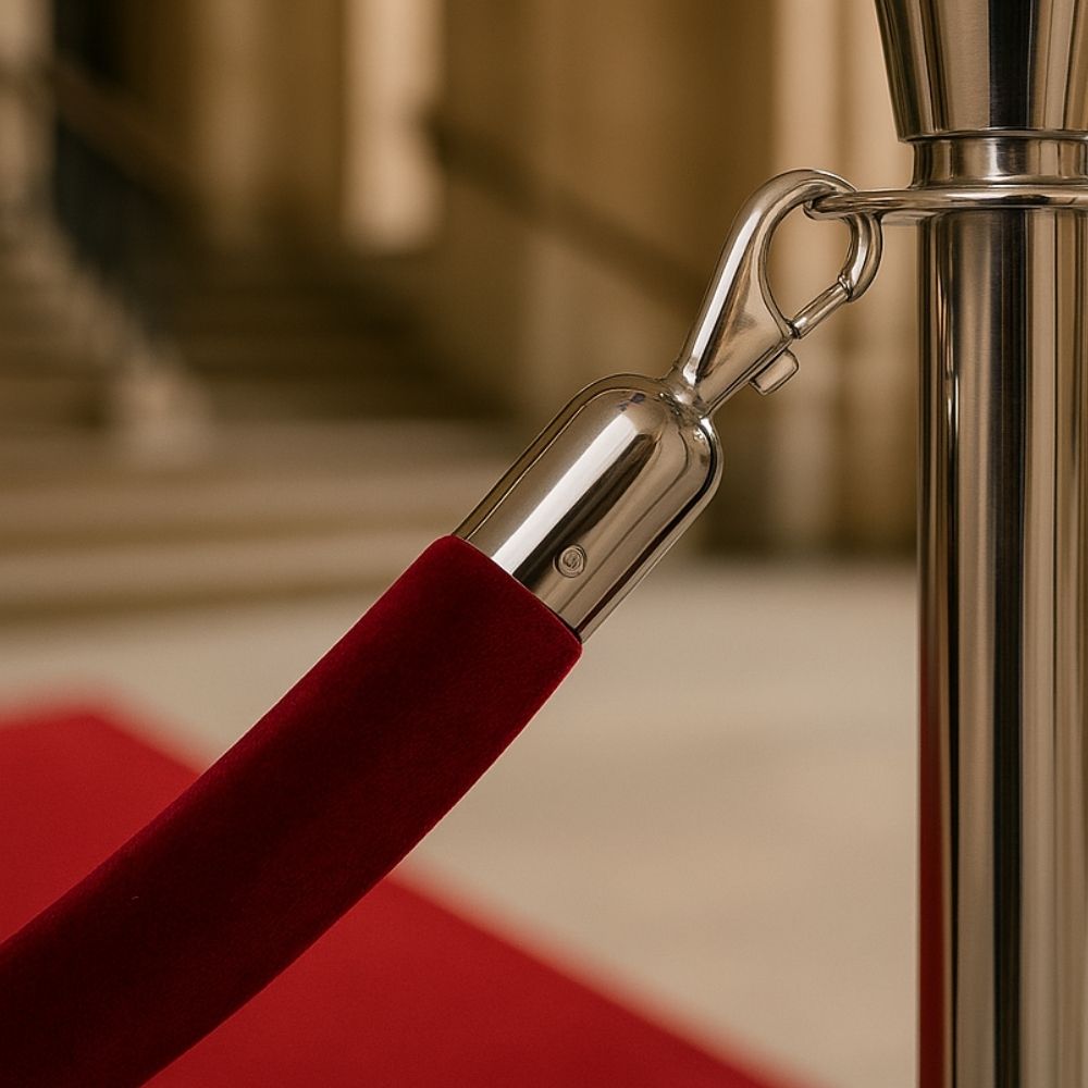 Maroon Red 1.2m Velour Rope Barrier with Chrome Clip Ends