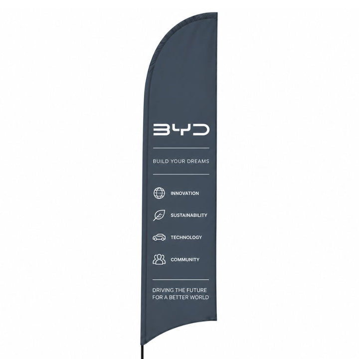 Large BYD promotional feather flag with curved top design and indoor steel base for car dealerships exhibitions and EV showrooms.