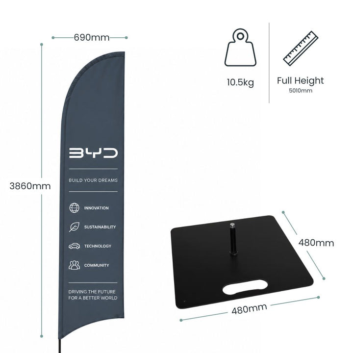 Technical specification image showing BYD feather flag dimensions with 5m full height and square indoor base measurements for showroom displays.