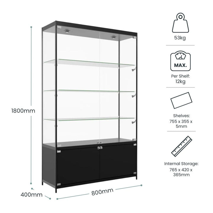 Diagram recording 1800mm by 800mm by 400mm, 53kg, 12kg per shelf, shelves at 755 x 355 x 5mm and internal storage of 765 x 420 x 365mm.
